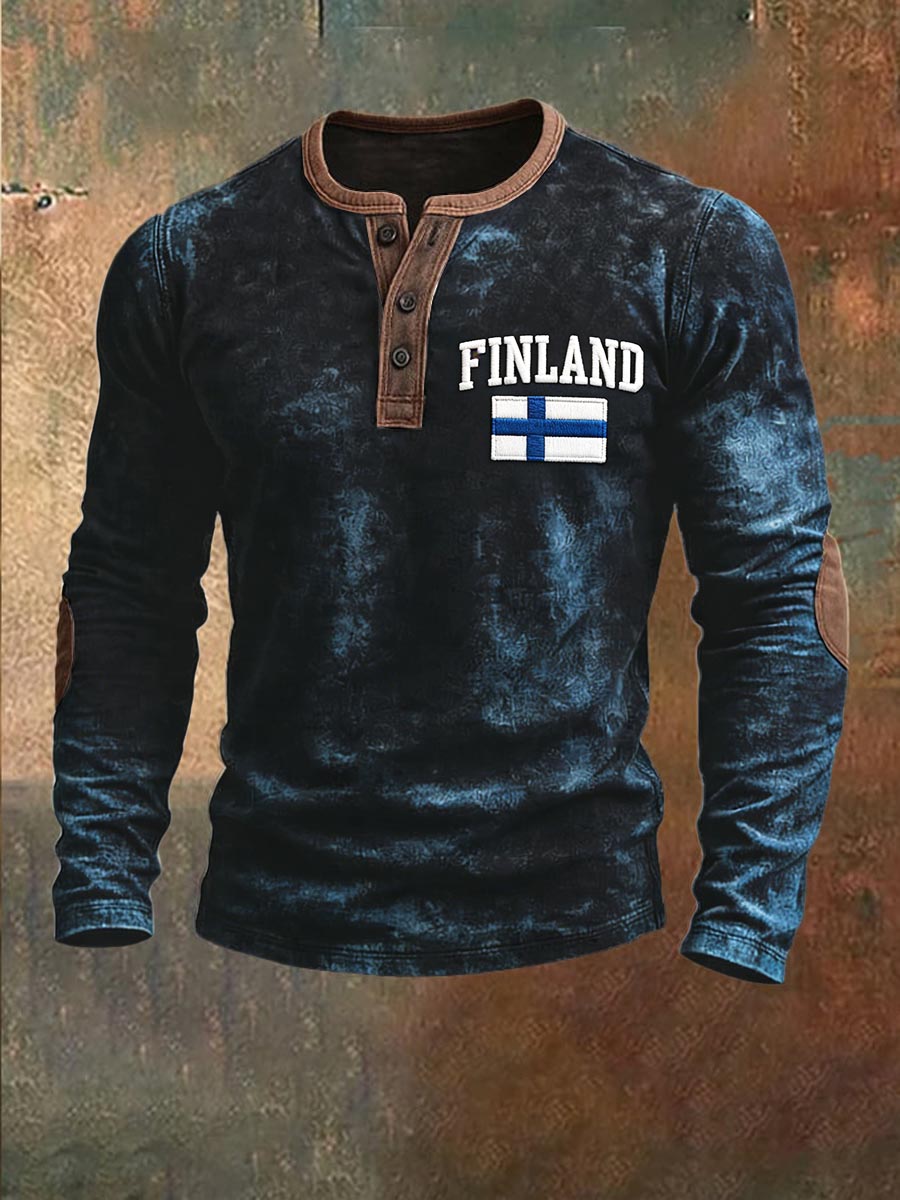 Mäns finska flagga Print Vintage Patchwork Henley Neck Sweatshirt