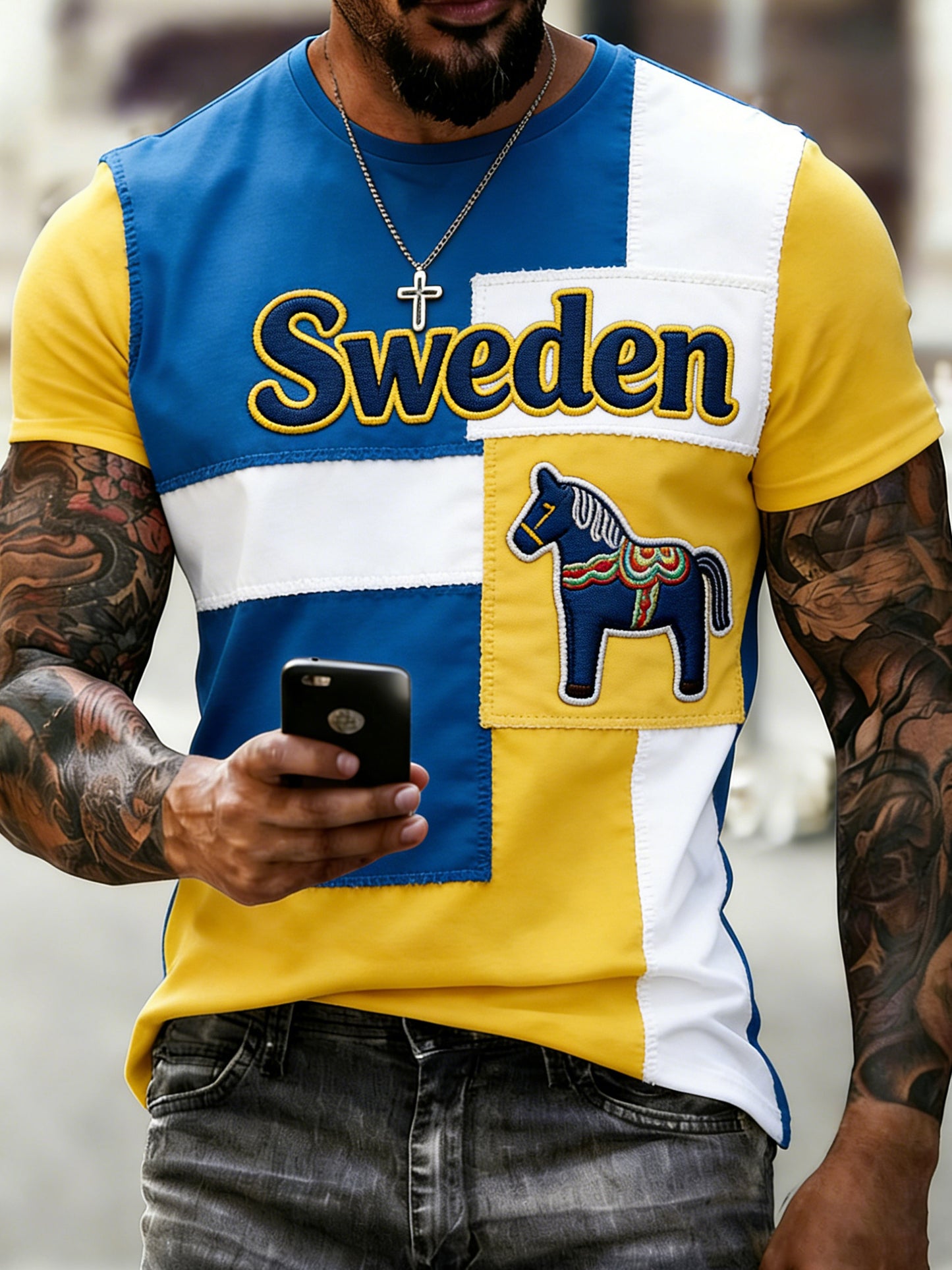 Herrtröja med konstprint på temat svensk dalahäst