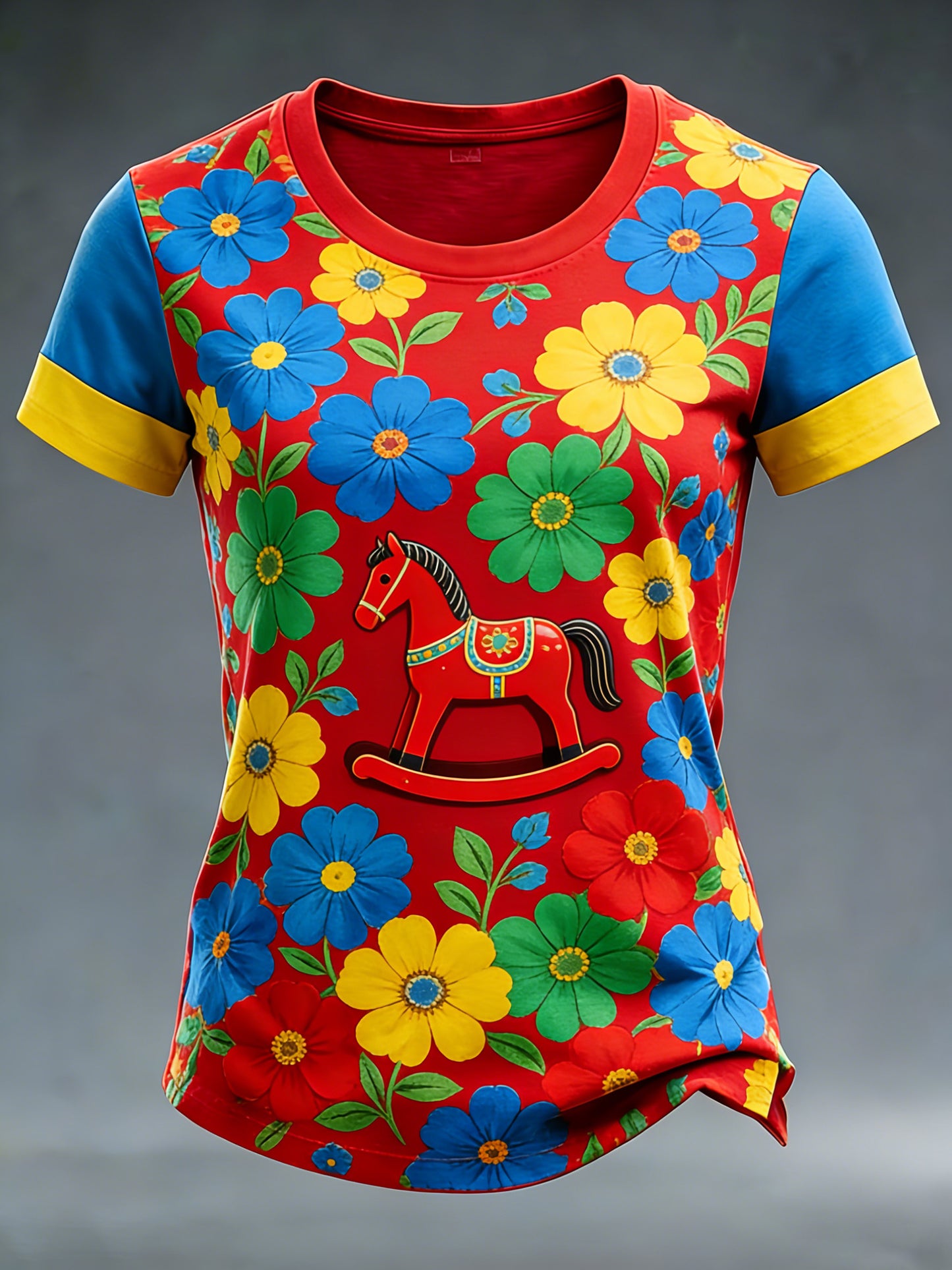 Damer T-shirt med konstprint på temat svenskt dalahäst-tema
