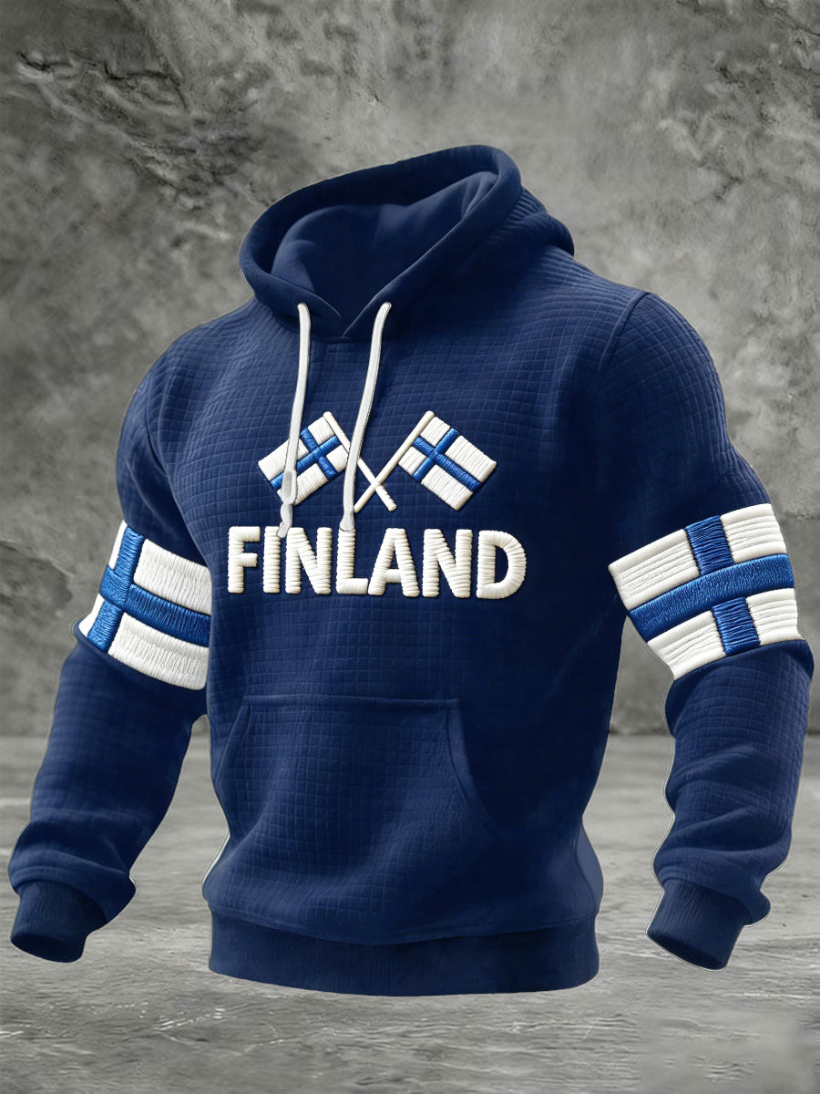 Mäns finska flagga Skriv ut djupblå Casual Hooded Sweatshirt