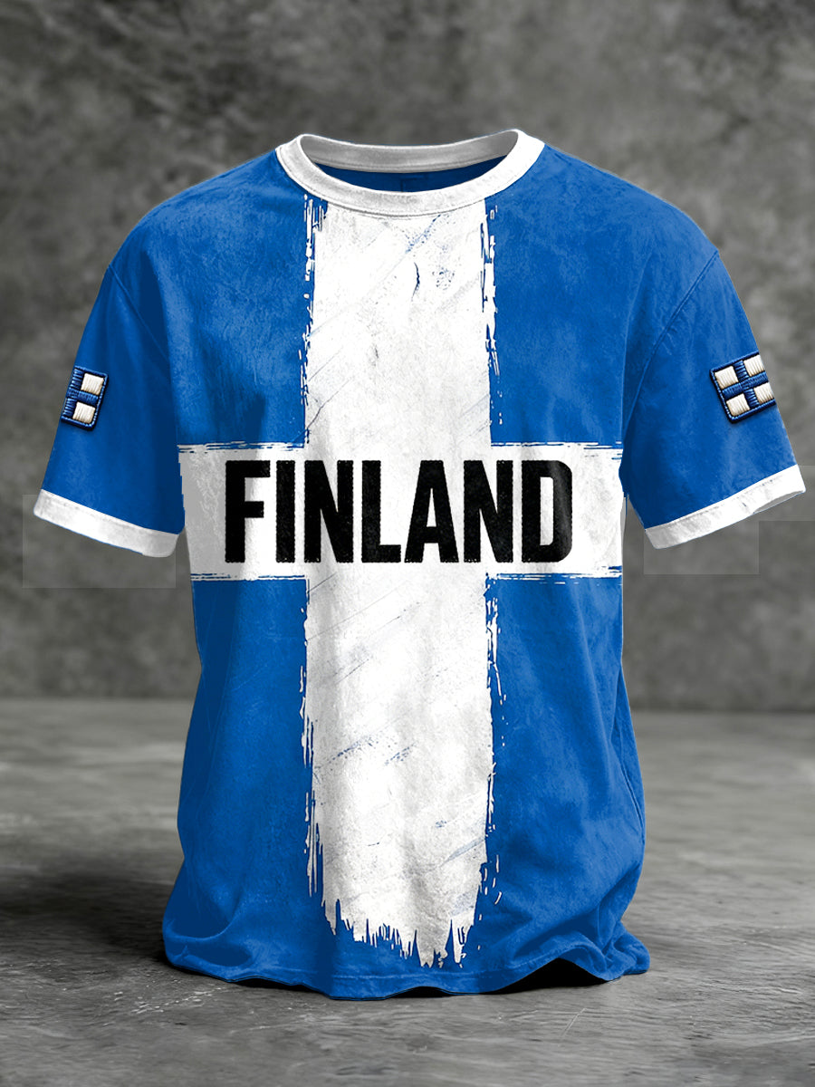 Mäns Finland Flagg Skriv ut Blå Casual T-shirt