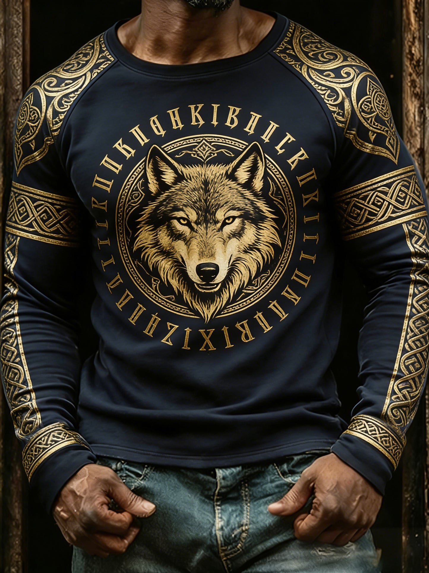 Mäns långärm T-shirt med vikingtema tryckt