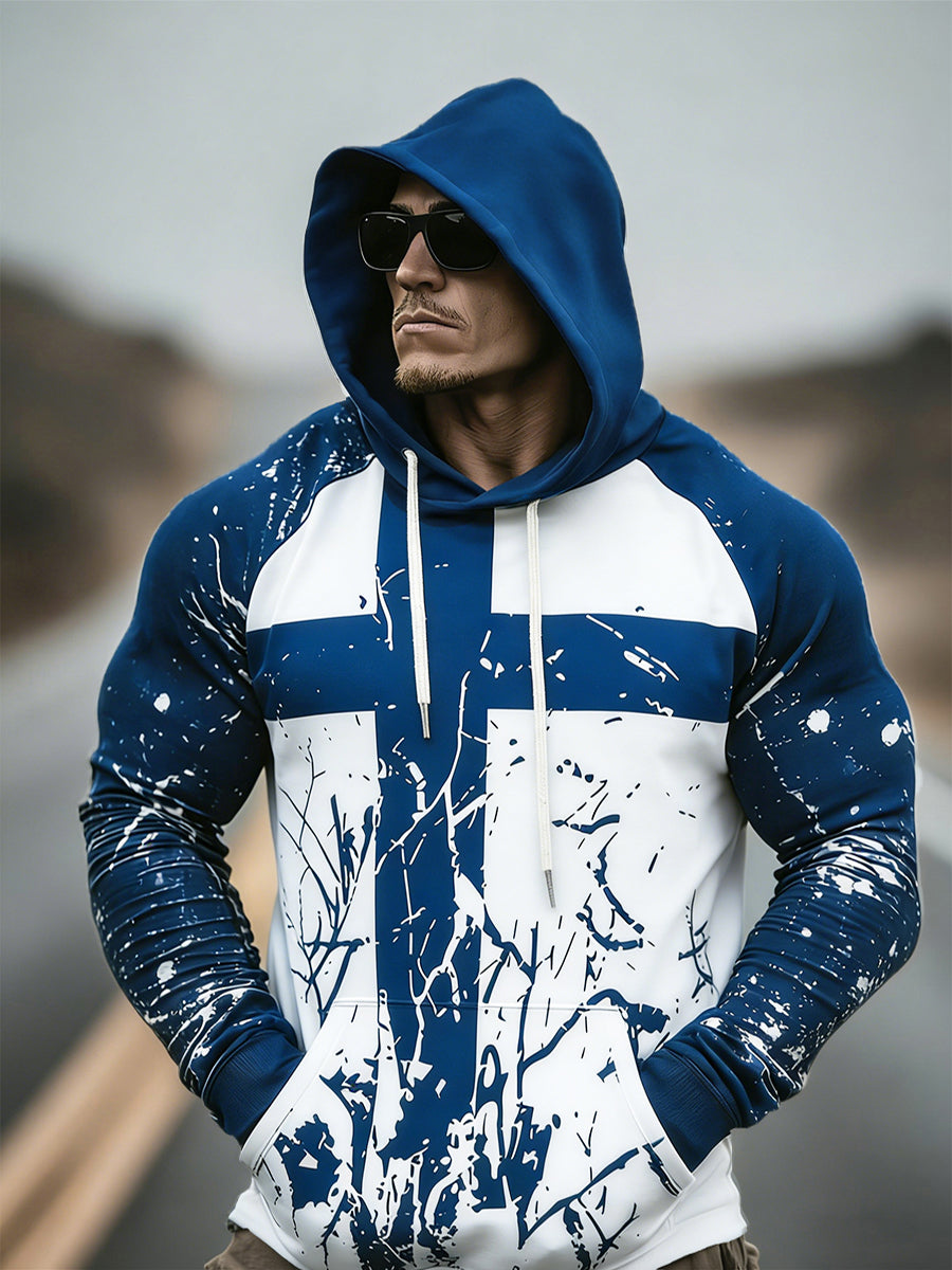 Mäns finska flagga Graffiti Skriv ut Casual Drop-Skald Hooded Sweatshirt