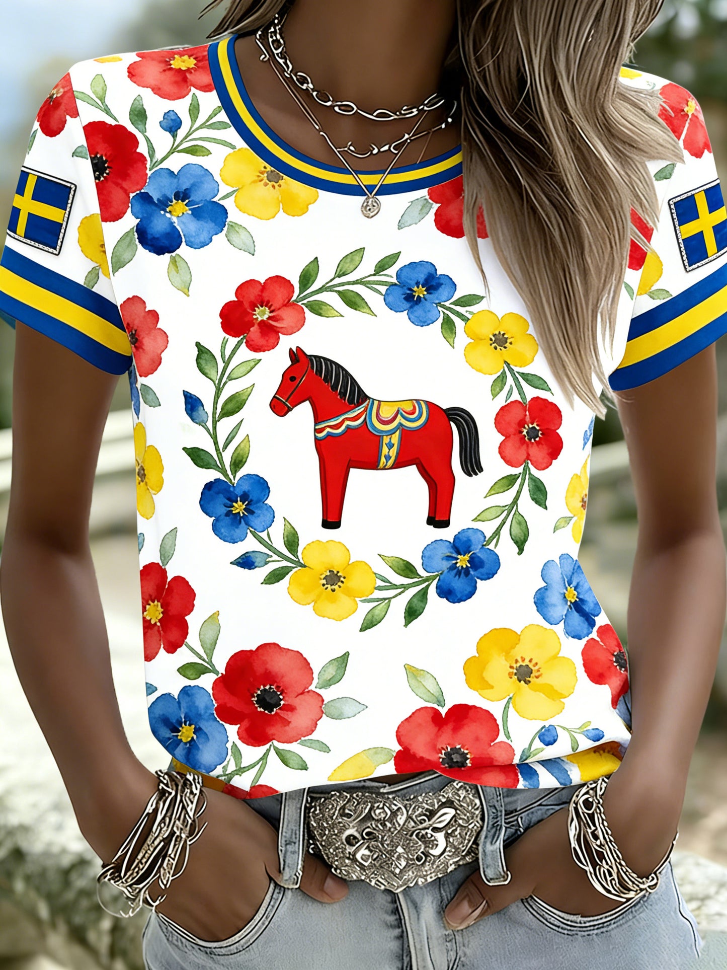 Kvinnors svenska Dala Hästtema Lokal stil Konst Print T-Shirt