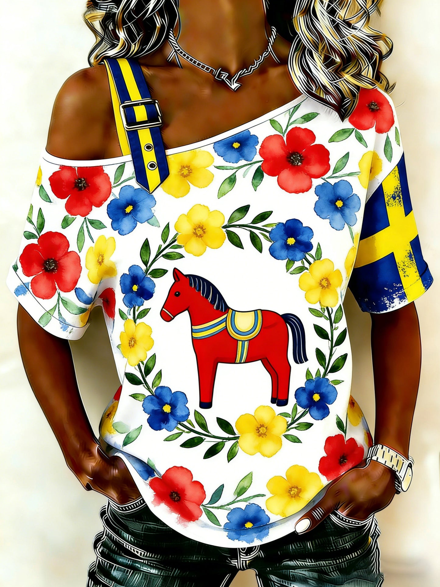 Damer Svensk T-shirt med konsttryck i lokal stil med dalahästar