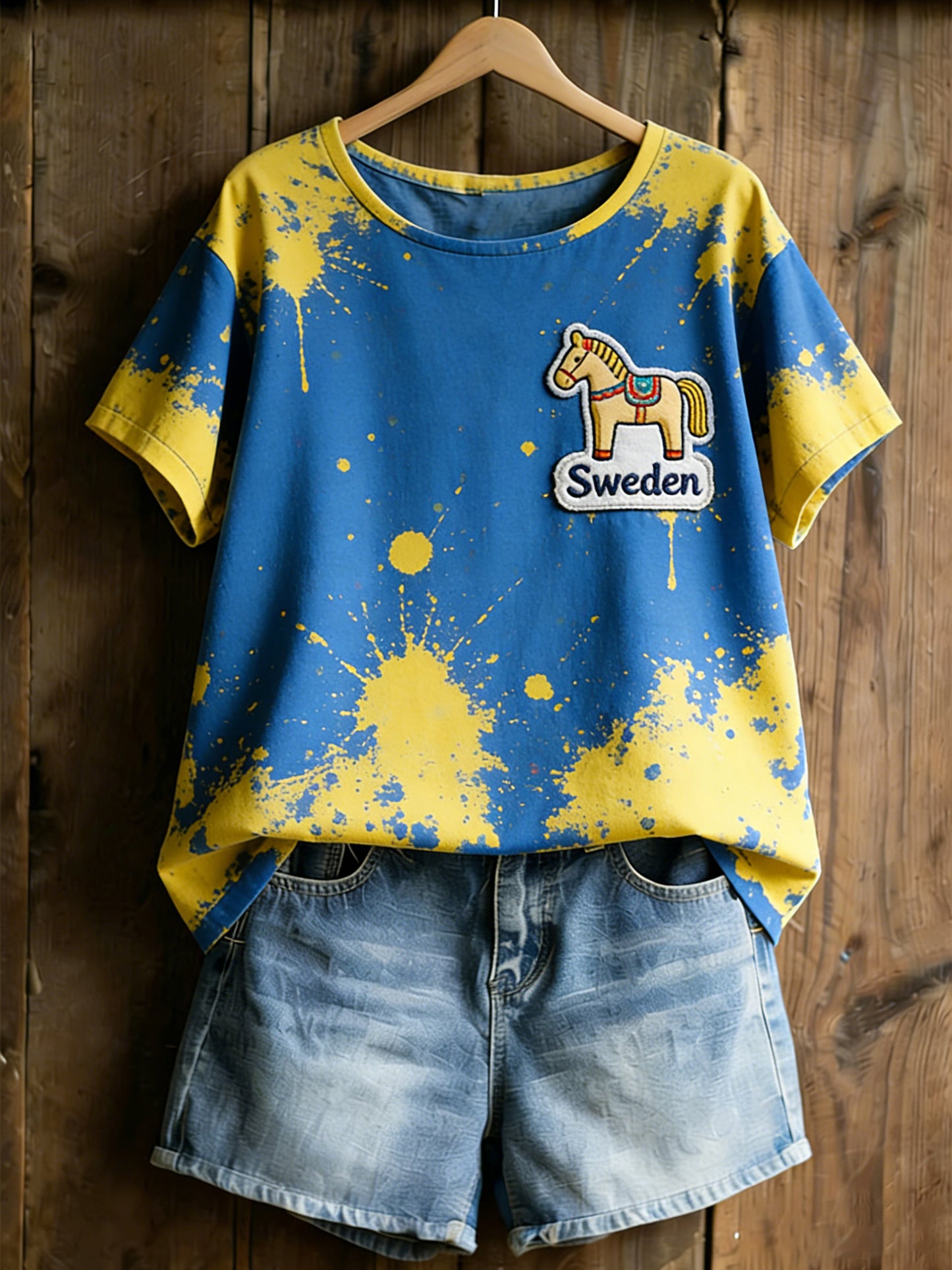 Damlinne Dalahästkonsttryck T-shirt med svenska flaggans färger