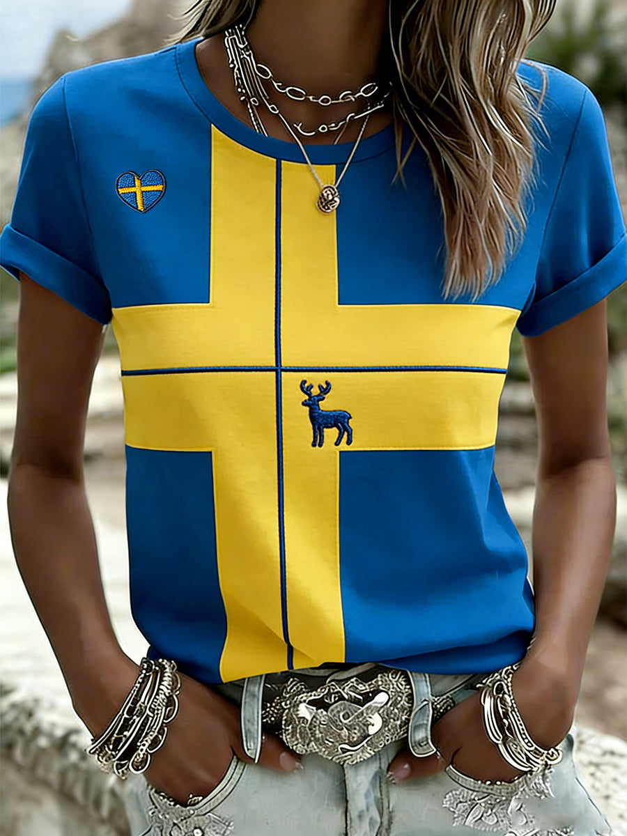 Dams retro svensk midsommarkonsttryck avslappnad t-shirt