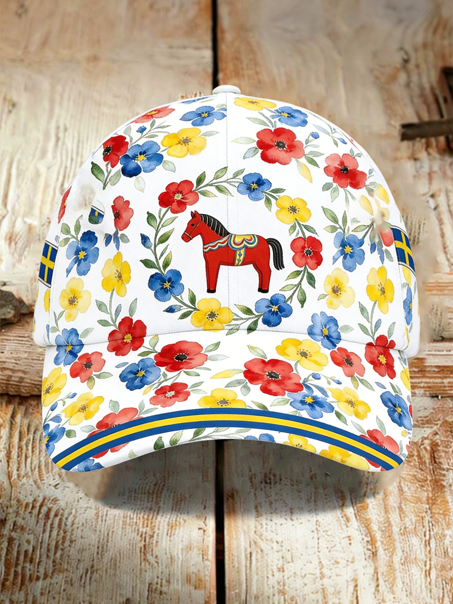 Unisex konsttryckt hatt med dalahästmotiv på svenska