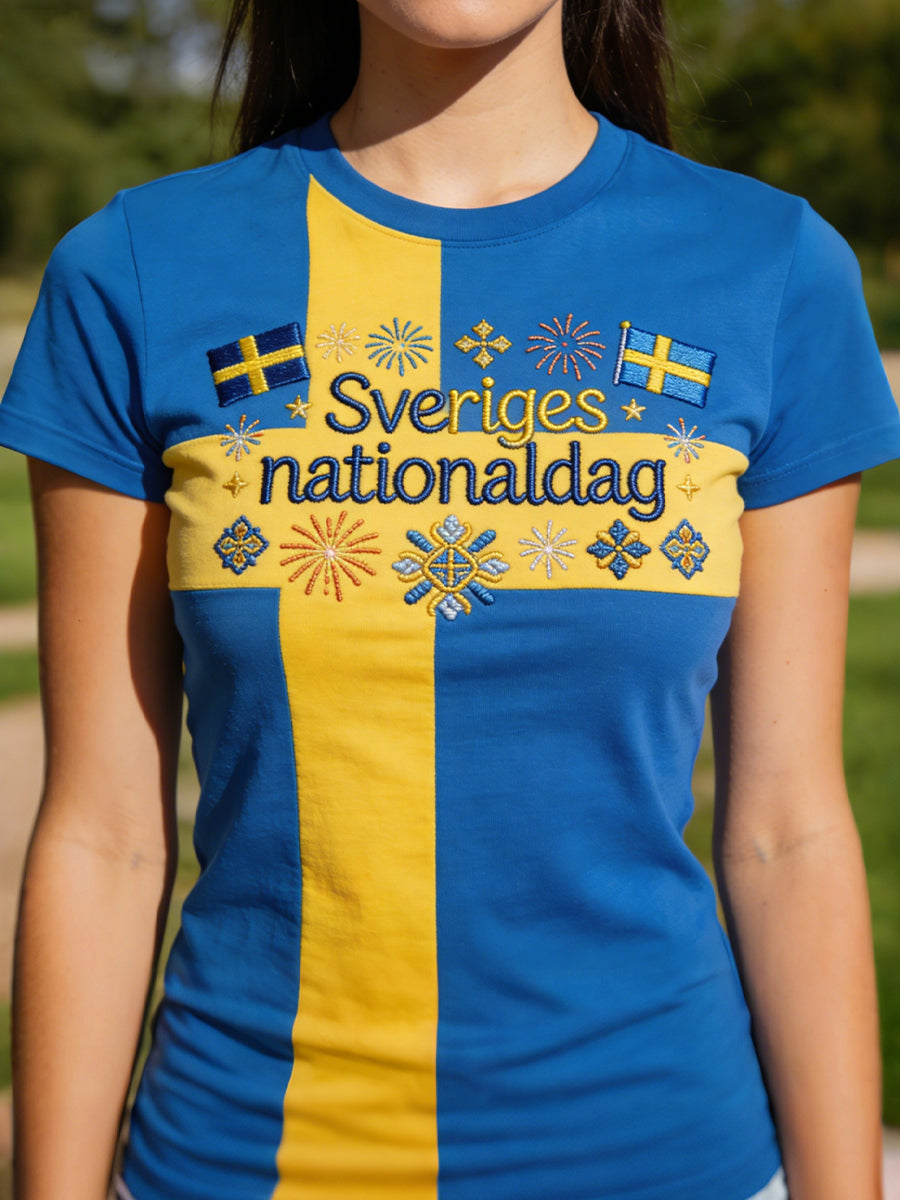 Dams T-shirt i etnisk stil med färgblocktryck, avslappnad modell med rund halsringning