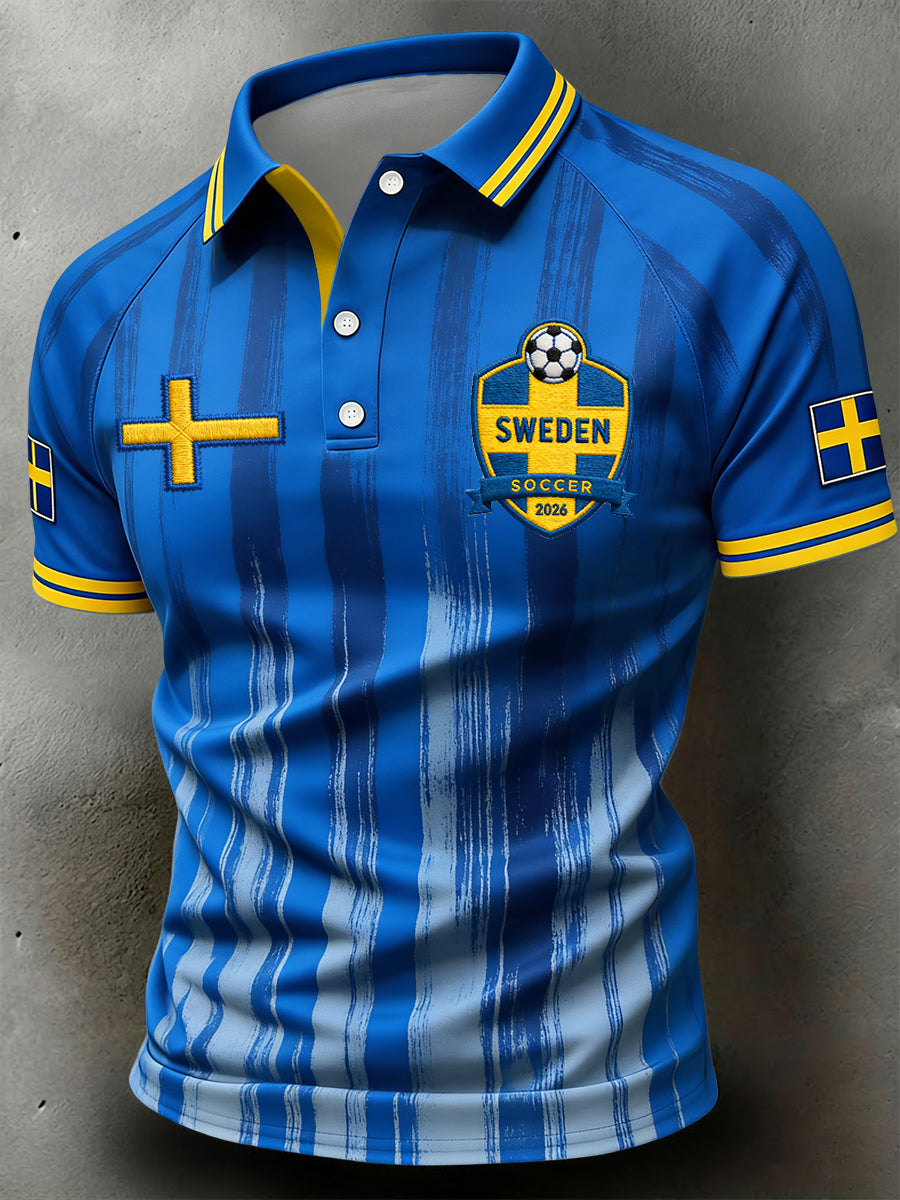 Retro svensk 2026 randig avslappnad polotröja för fotbollsfans