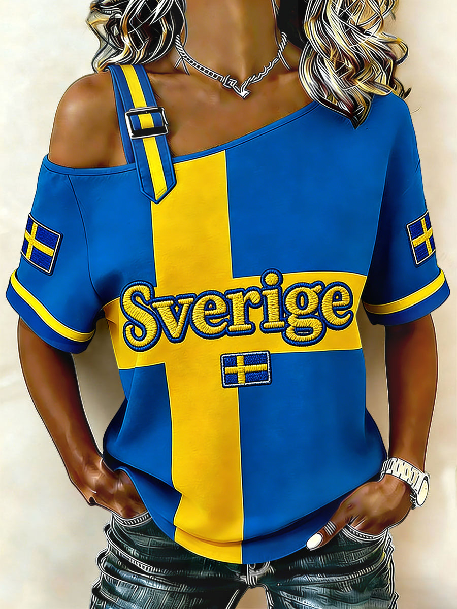 Dams retro svensk fotboll 2026 avslappnad off-shoulder-topp