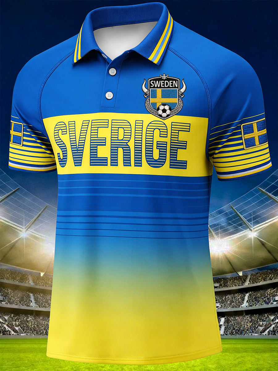 Herrpolotröja med fotbollstema, färgblockad design och raglanärmar