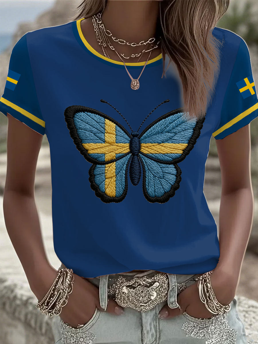 Dams Swedish Flag Butterfly klassisk t-shirt med korta ärmar