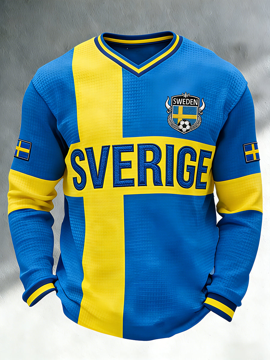 Herrtröja i waffelstickat tyg med fotbollsmotiv, färgblockad design, v-ringning och långa ärmar
