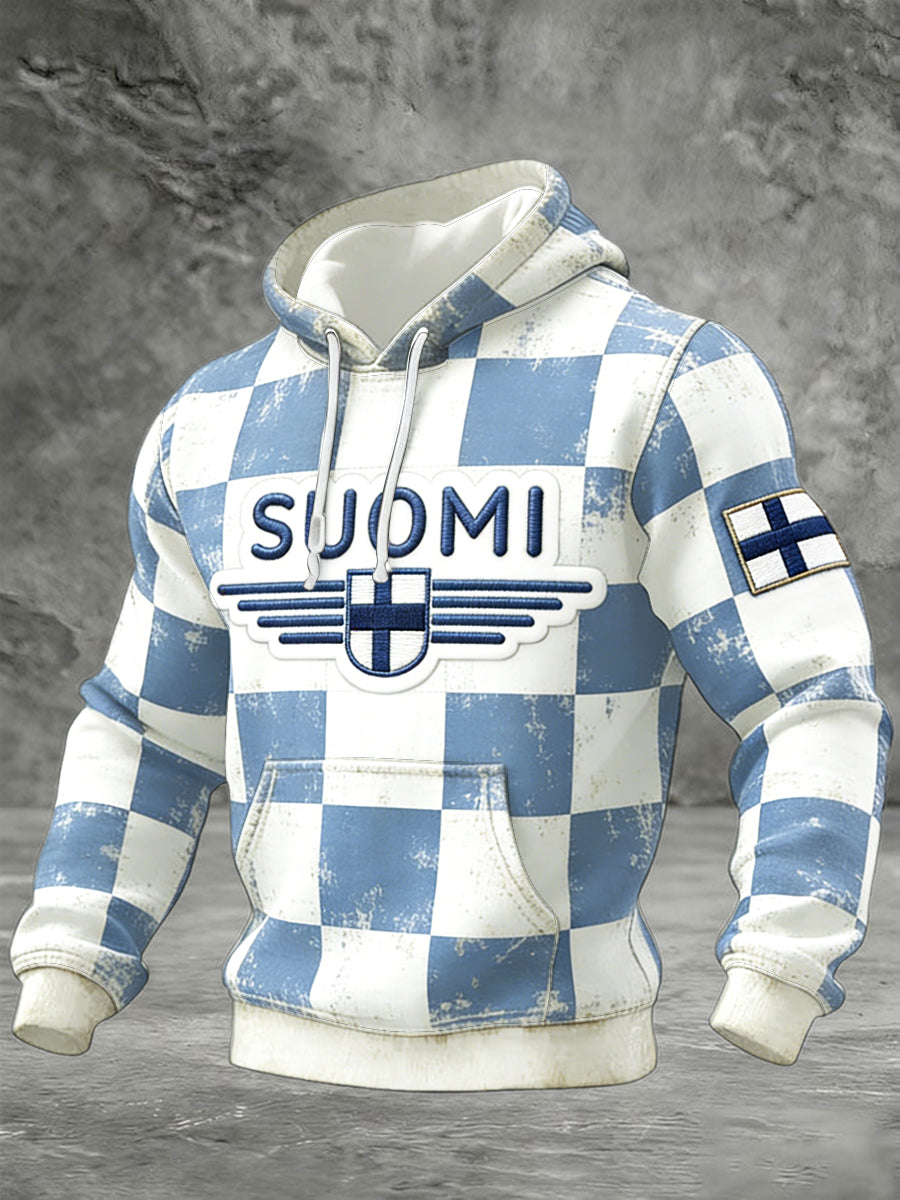 Mäns finska flagga “Suomi” Vintage Check Skriv ut Casual Hooded Sweatshirt
