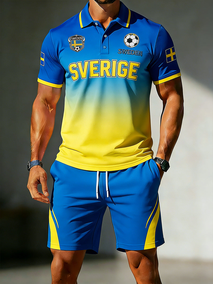 Mäns kortärm Polo & Shorts Set med fotboll Elements och gradient färger