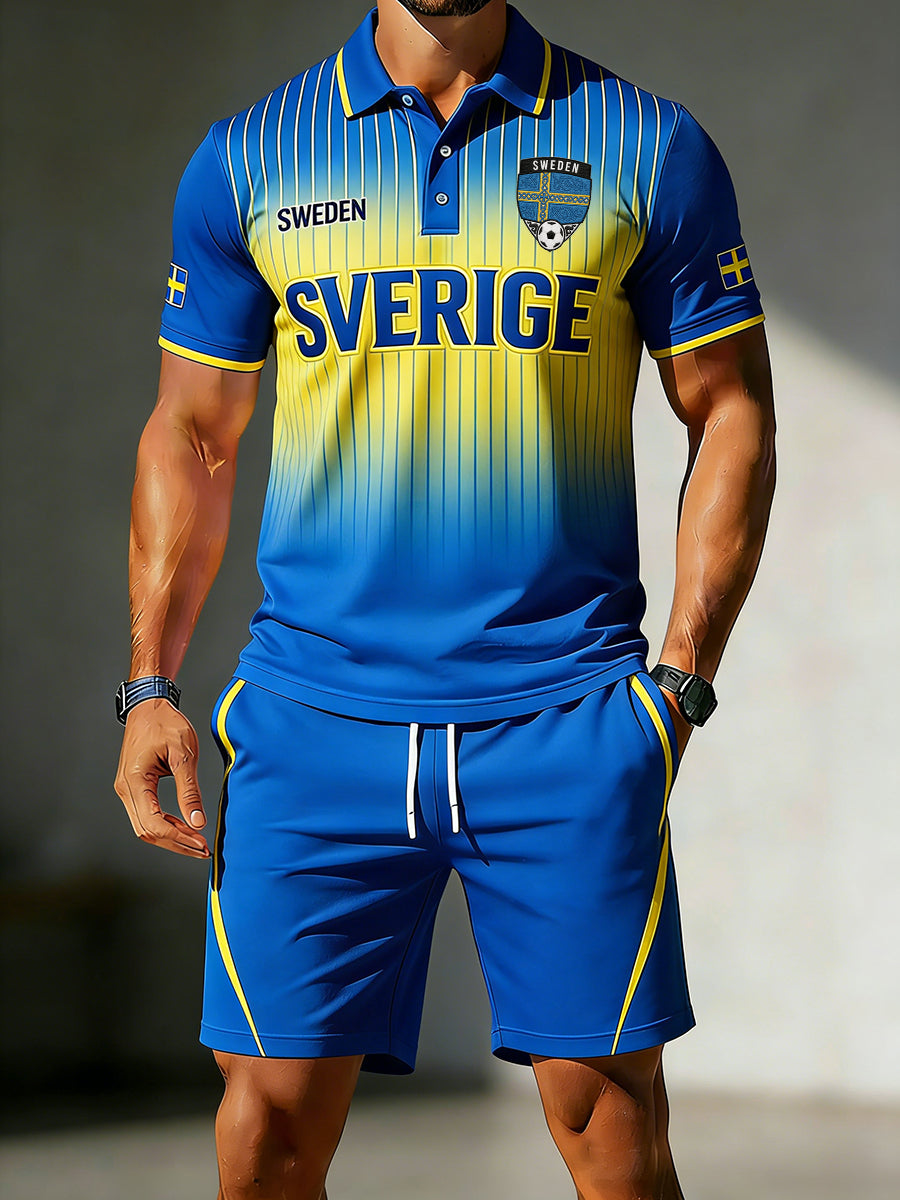 Herrset med kortärmad polo och shorts, med fotbollselement och övergångsfärger