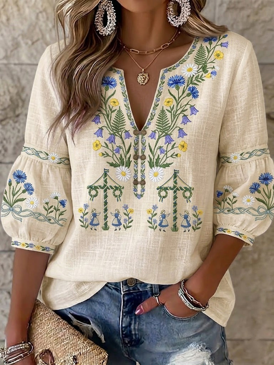 Kvinnors Vintage Svensk midsommar Blommor-Print bomull-Line blus
