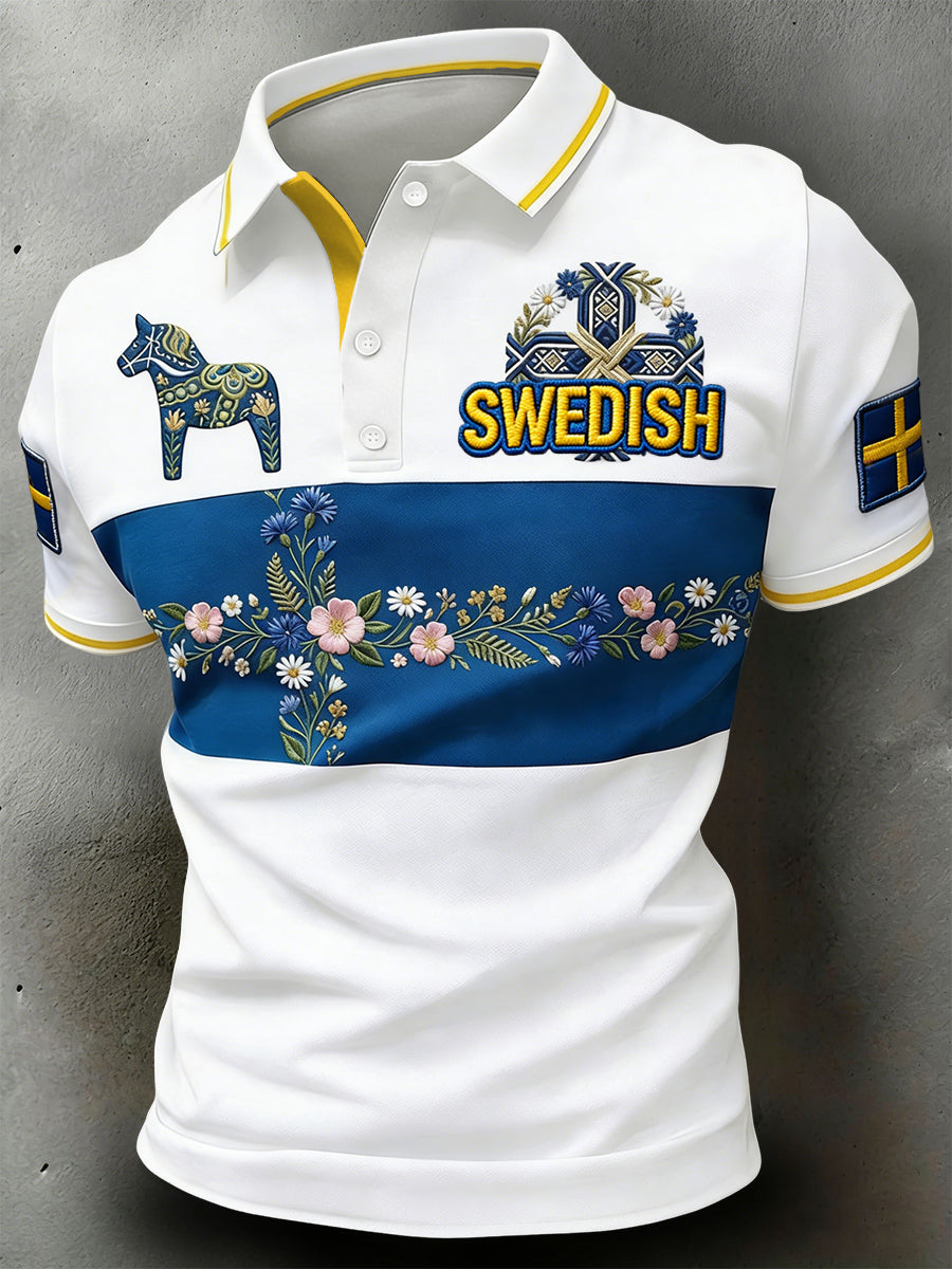 Retro Svenska Midsommar Blommor Patchwork Casual Polo tröj