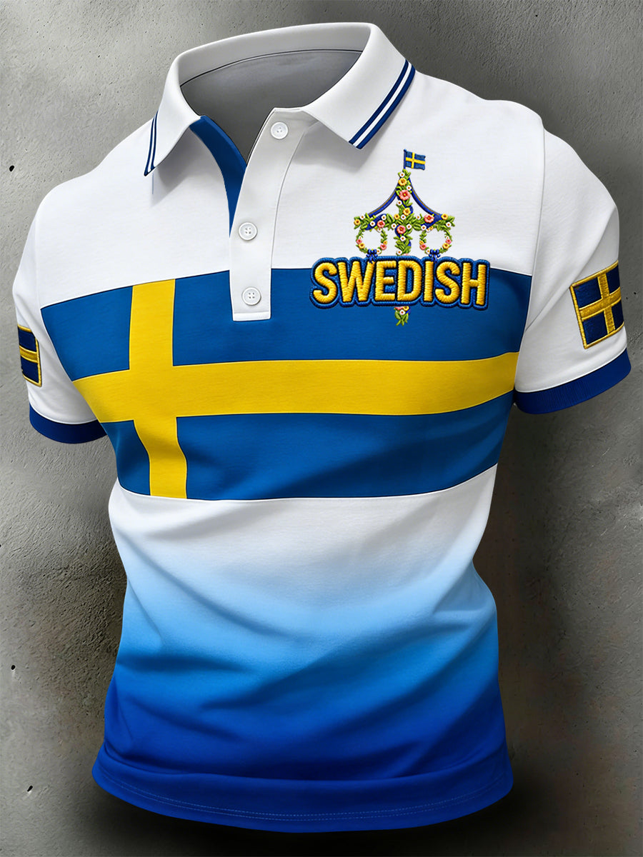 Retro Swedish Midsommar Geometrisk Lappverk Casual Polo Skjorta