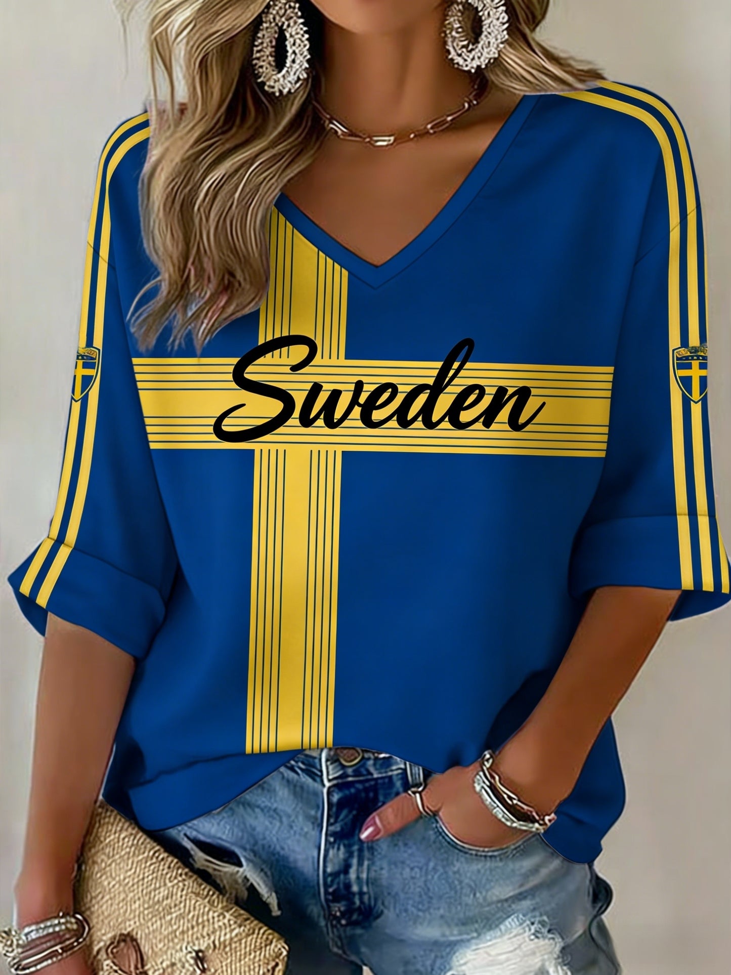 Damer Retro Svensk Fotbollsflagga Mönstrad Avslappnad T-shirt