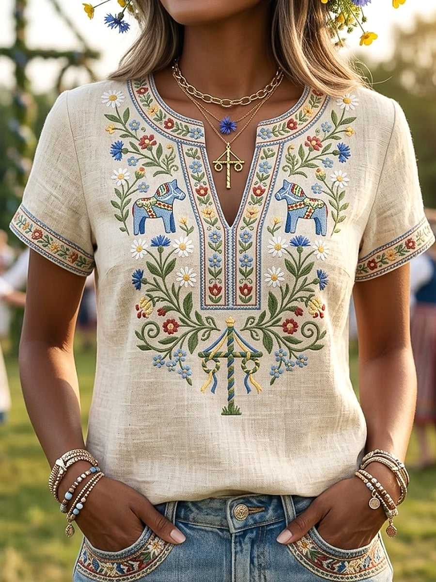 Kvinnor Retro Svenska midsommar Floral Casual V-Hack T-shirt