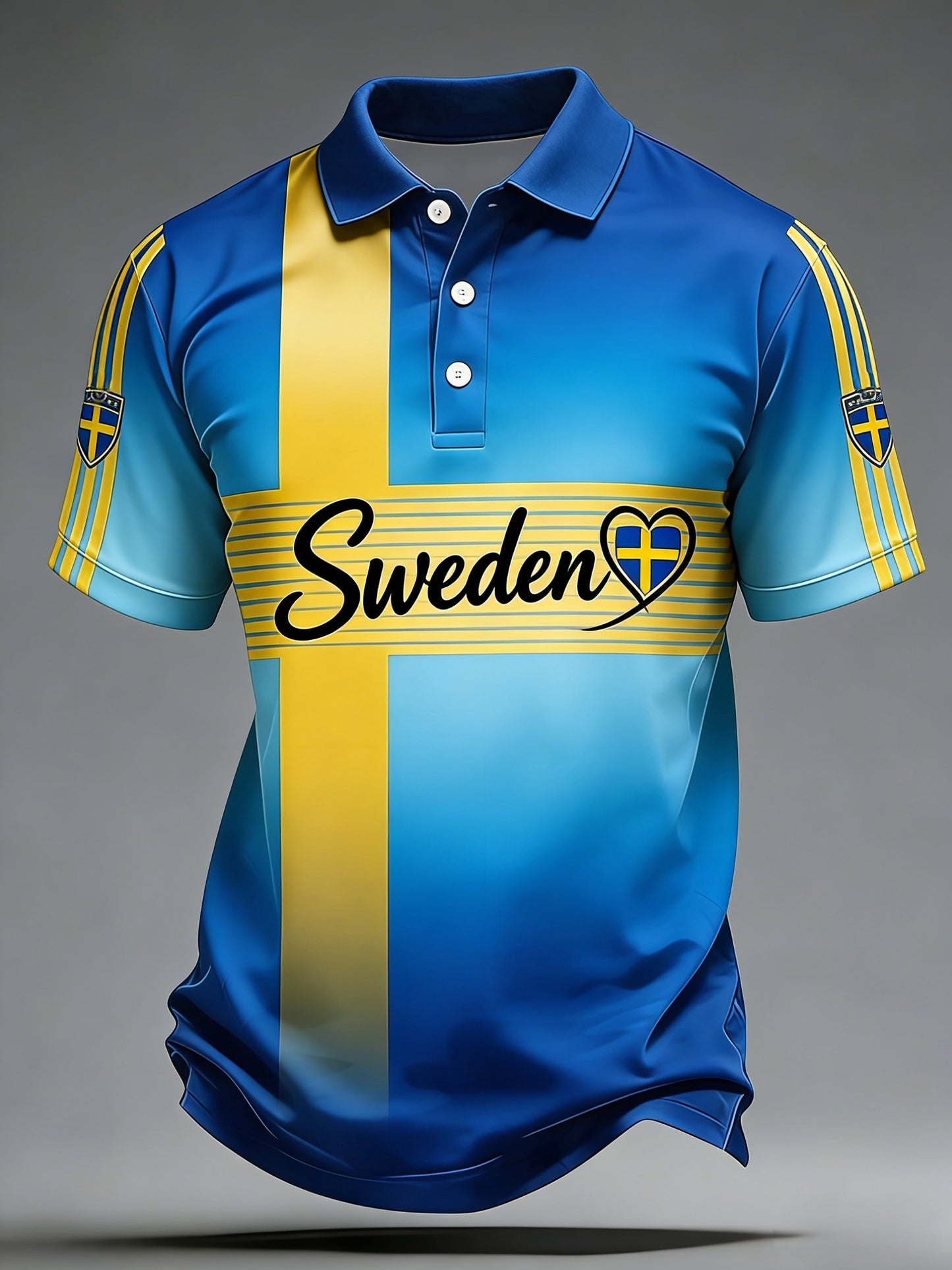 Retro svensk fotbollsflagga emblem avslappnad pikétröja med korta ärmarna