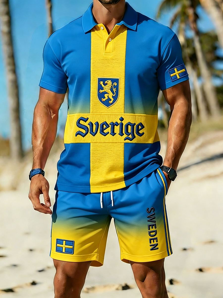 Retro svensk konststiltryck avslappnat polo- och shortsset