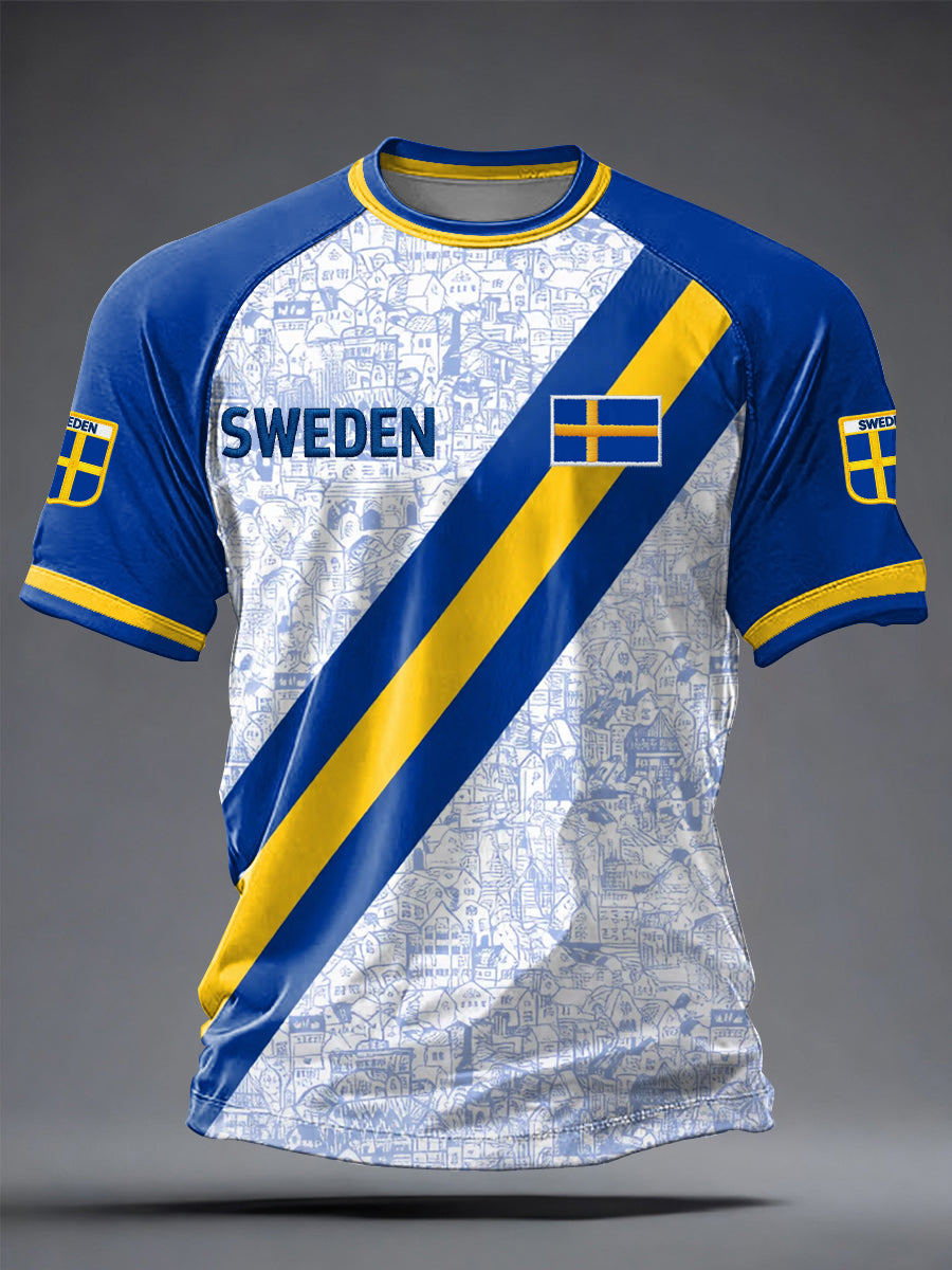 Herrtröja i svensk fotboll med tryckt, avslappnad stil och korta ärmarna