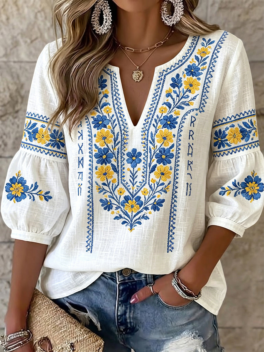 Kvinnors Retro Konstnärliga Svenska Midsommar Floral V-Hack Topp