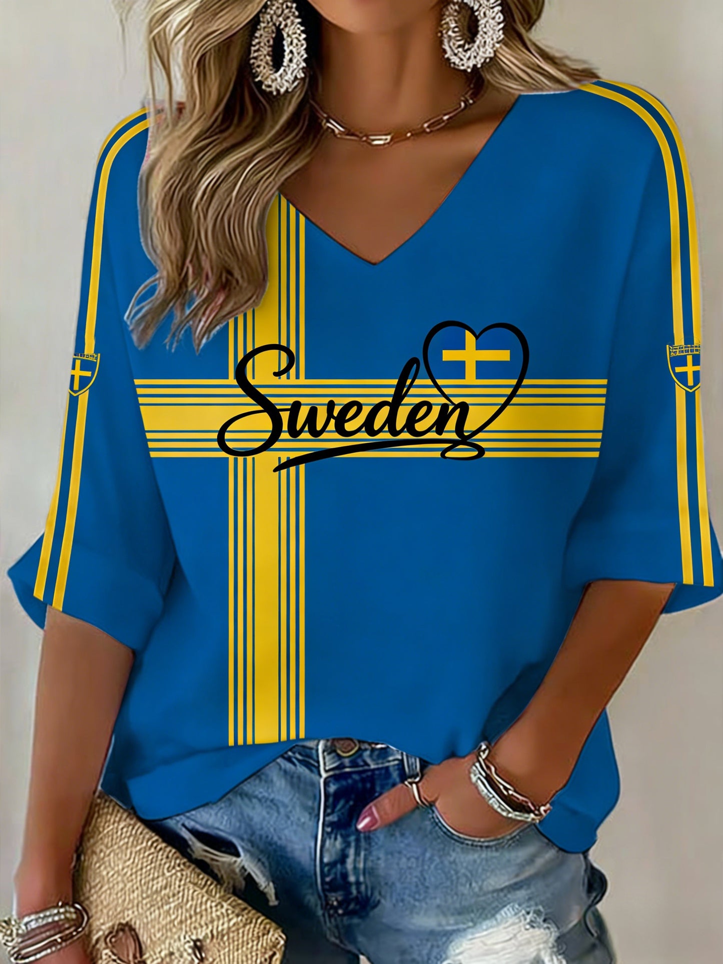 Damer Retro Svensk Fotbollsflagga Mönstrad Avslappnad T-shirt