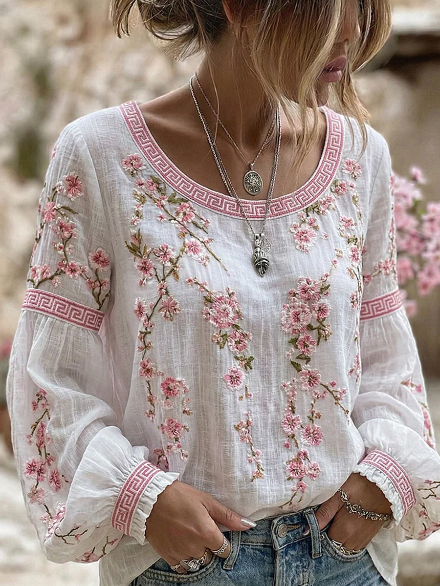 Kvinnors Vintage-stil Casual bomull-Linen topp med broderad blomster och tryckt lappark