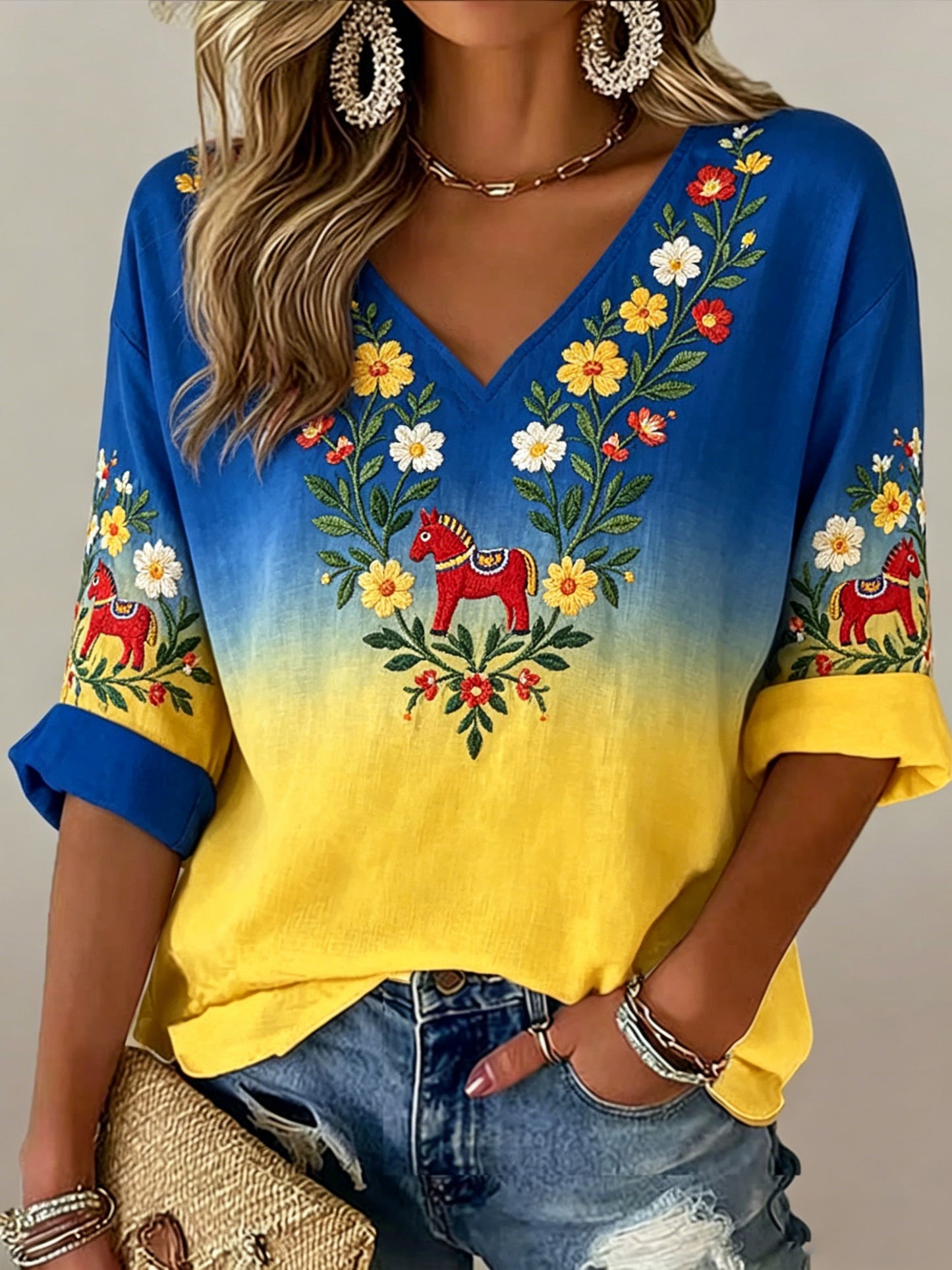 Damer Svensk midsommarfest minnesartprint T-shirt med V-ringning