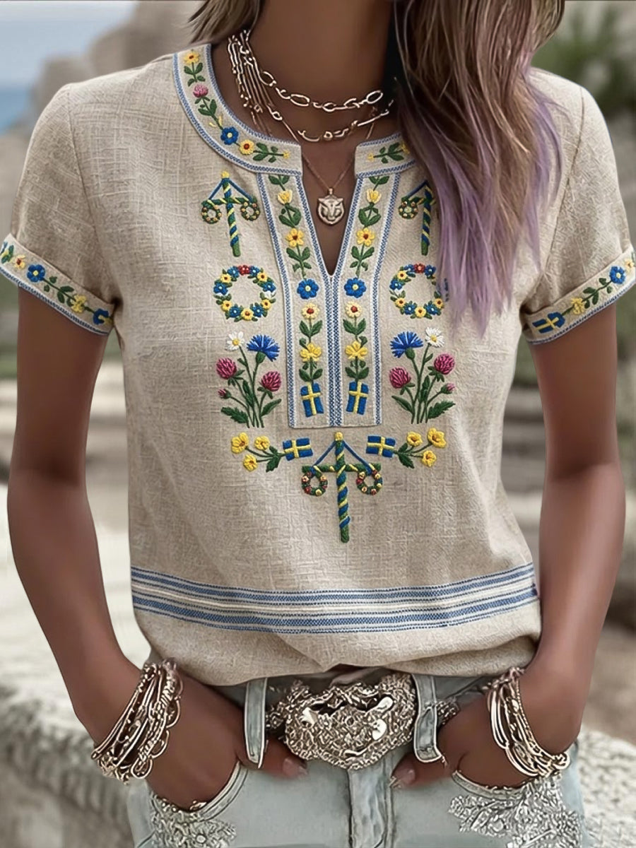 Dams retrokonst svensk midsommar blommig t-shirt med v-ringning