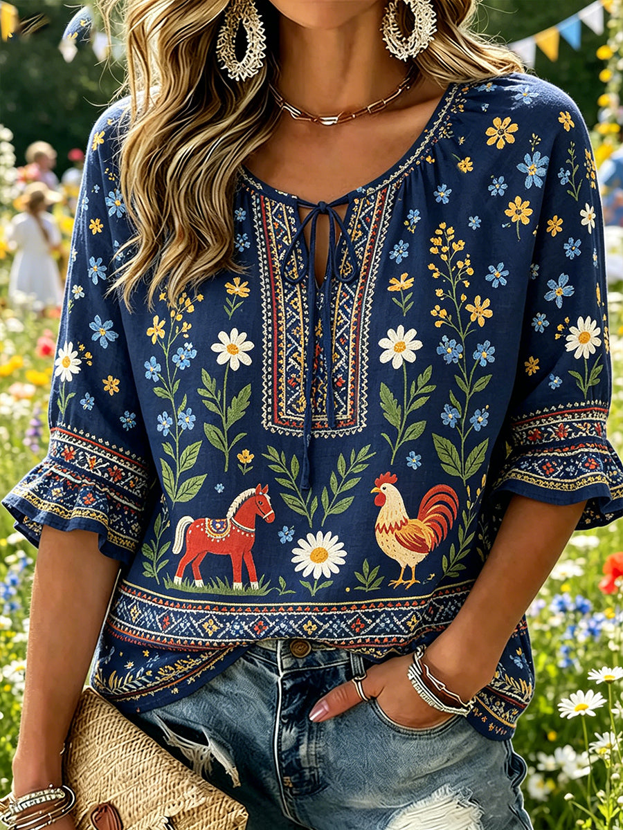Dammtröja med midsommarmotiv och v-ringning