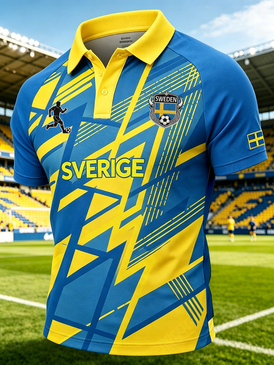 Herrpolotröja i sportig stil med raglanärm och fotbollselement