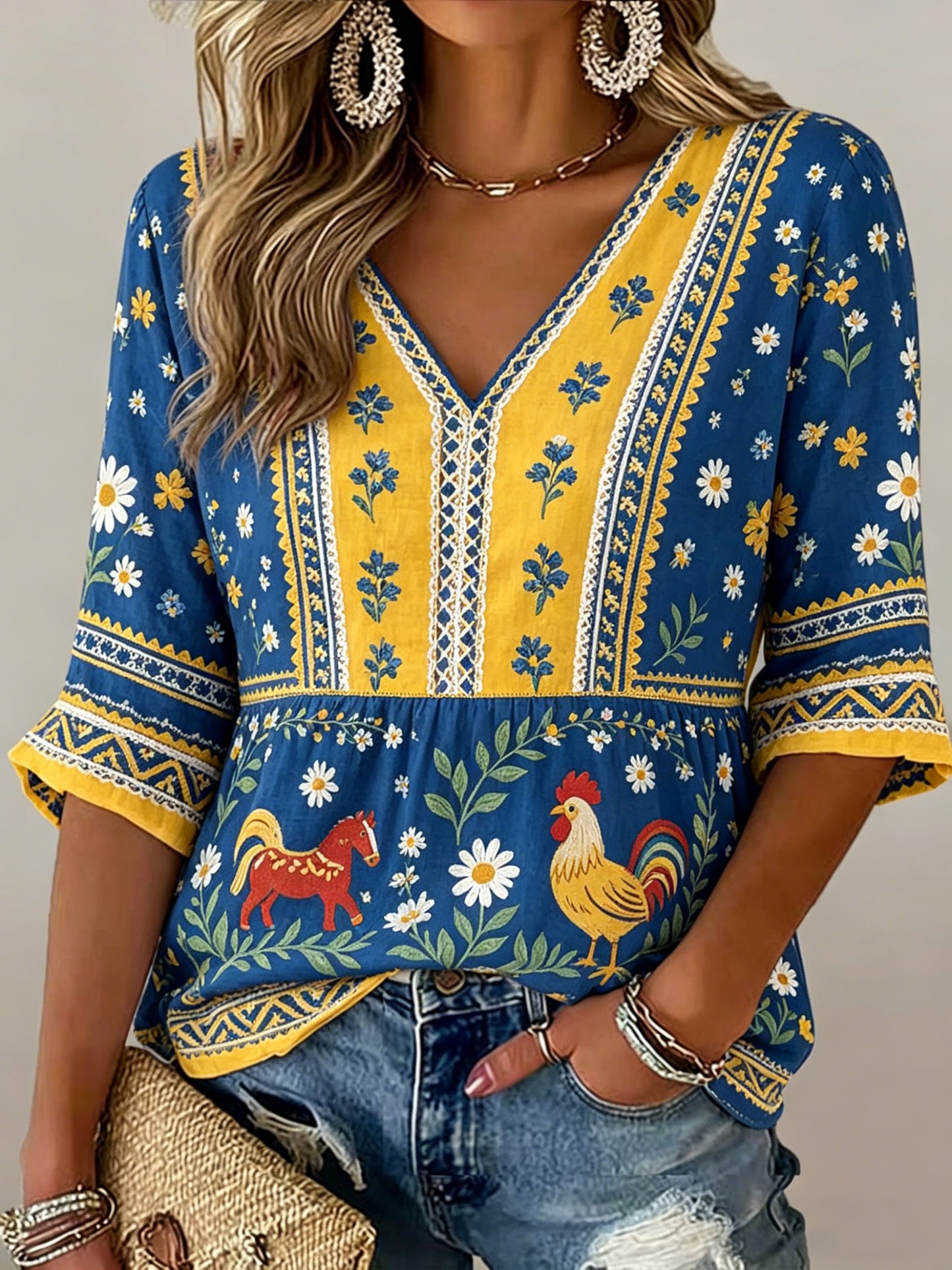 Damer Svensk midsommarfest minnesartprint T-shirt med V-ringning