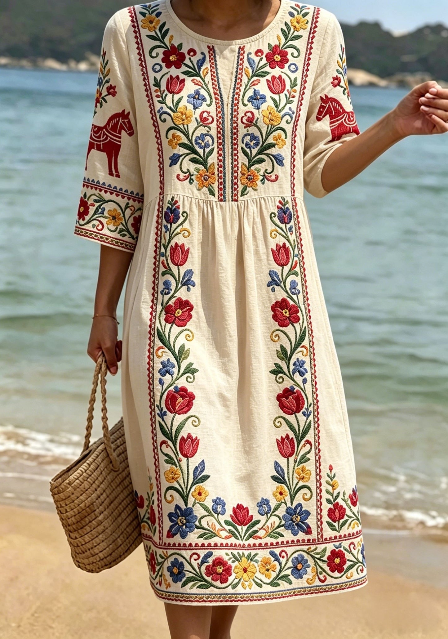 Kvinnor Retro Svenska midsommar Folk Floral Mid-Längde ärm (Side Fickor) Bomull-Linen Klänning