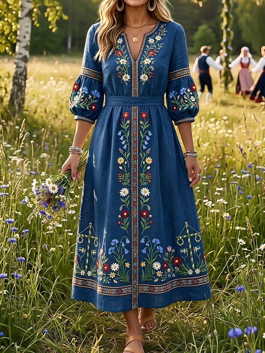 Dams Retro Svensk midsommarstång Blommigt konst V-ringning Klänning