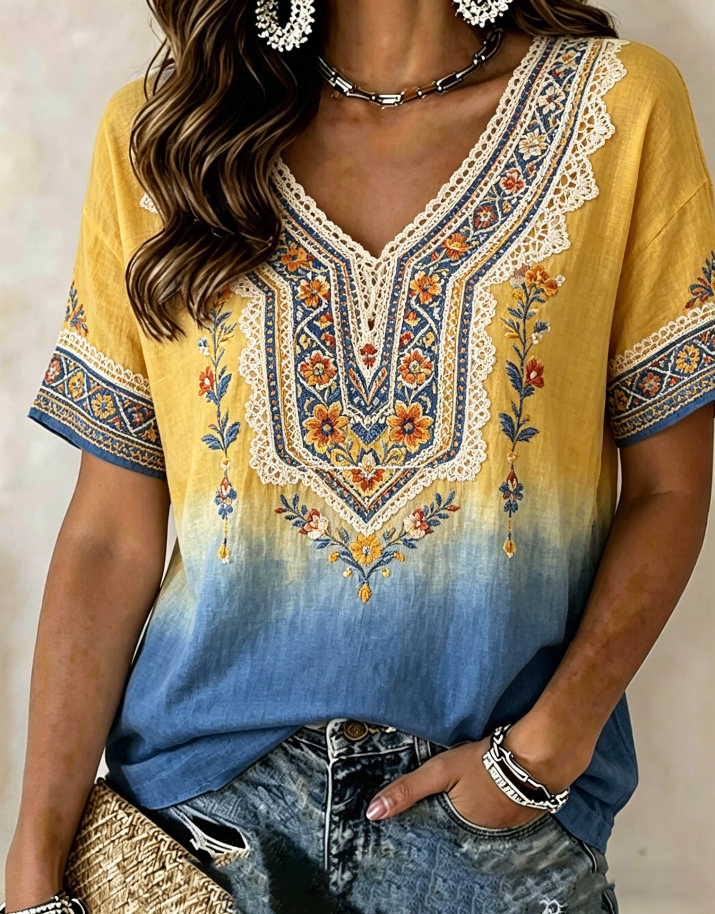 Damer Svensk midsommarfest minnesartprint T-shirt med V-ringning