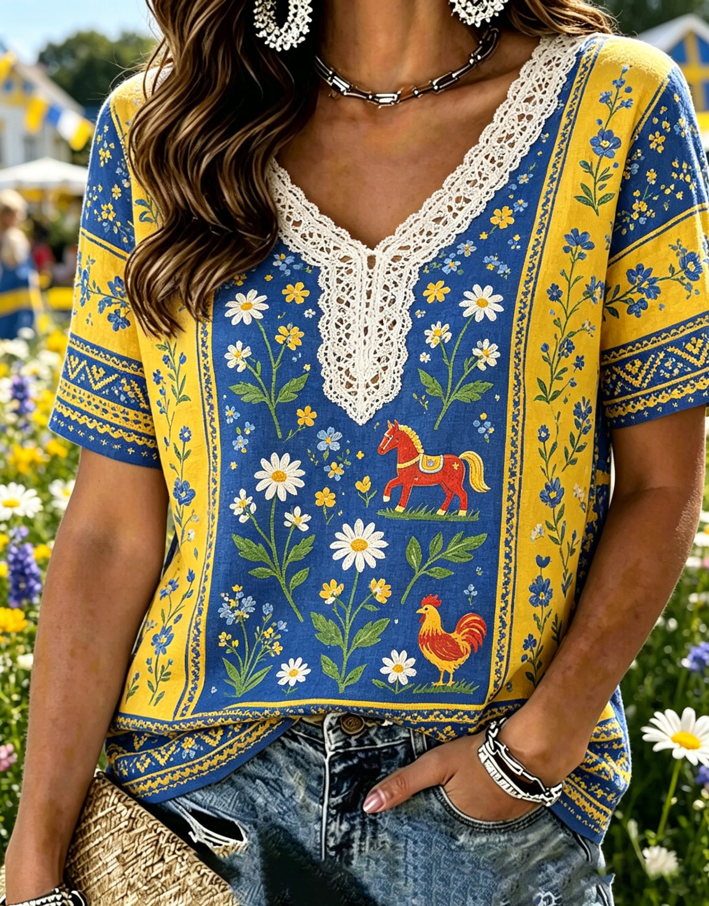 Damer Svensk midsommarfest minnesartprint T-shirt med V-ringning
