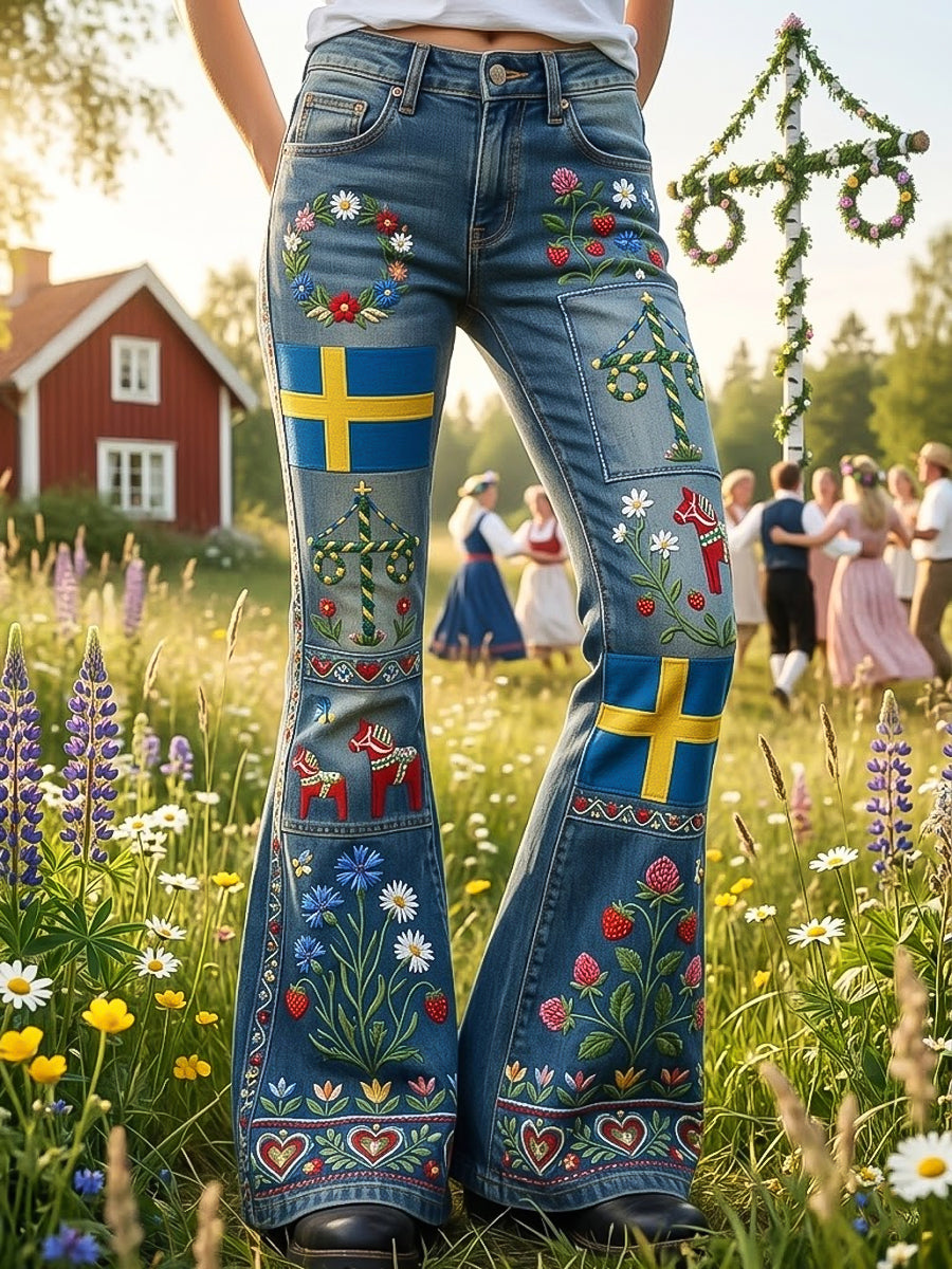 Kvinnors svenska midsommar Blommor Patchwork Casual Flaged Byxor