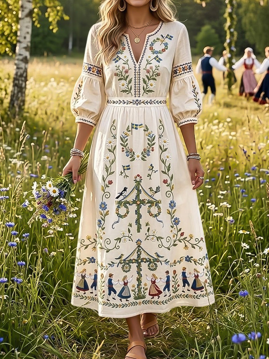 Kvinnors Vintage Svenska midsommar Column-Style Floral Konstkläde