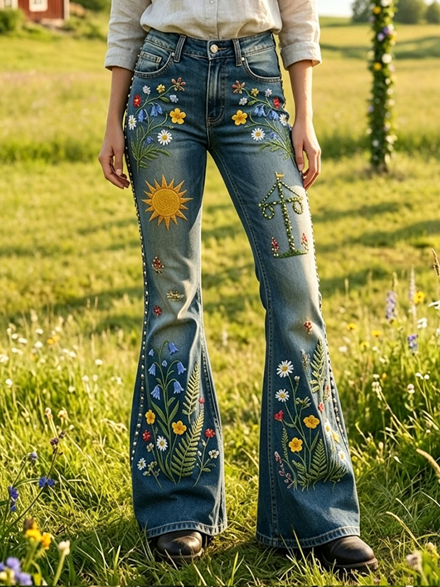 Kvinnors svenska midsommar-Inspirerade blomsterkonstnärliga Casual Bell-Bottom byxor