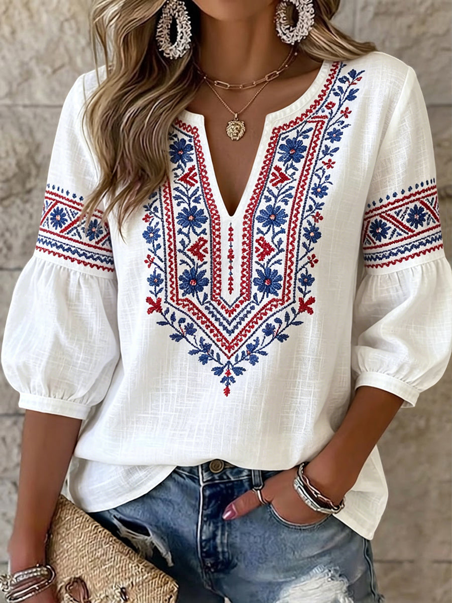 Kvinnors Retro Konstnärliga Svenska Midsommar Floral Etnisk-Style V-Hack Topp