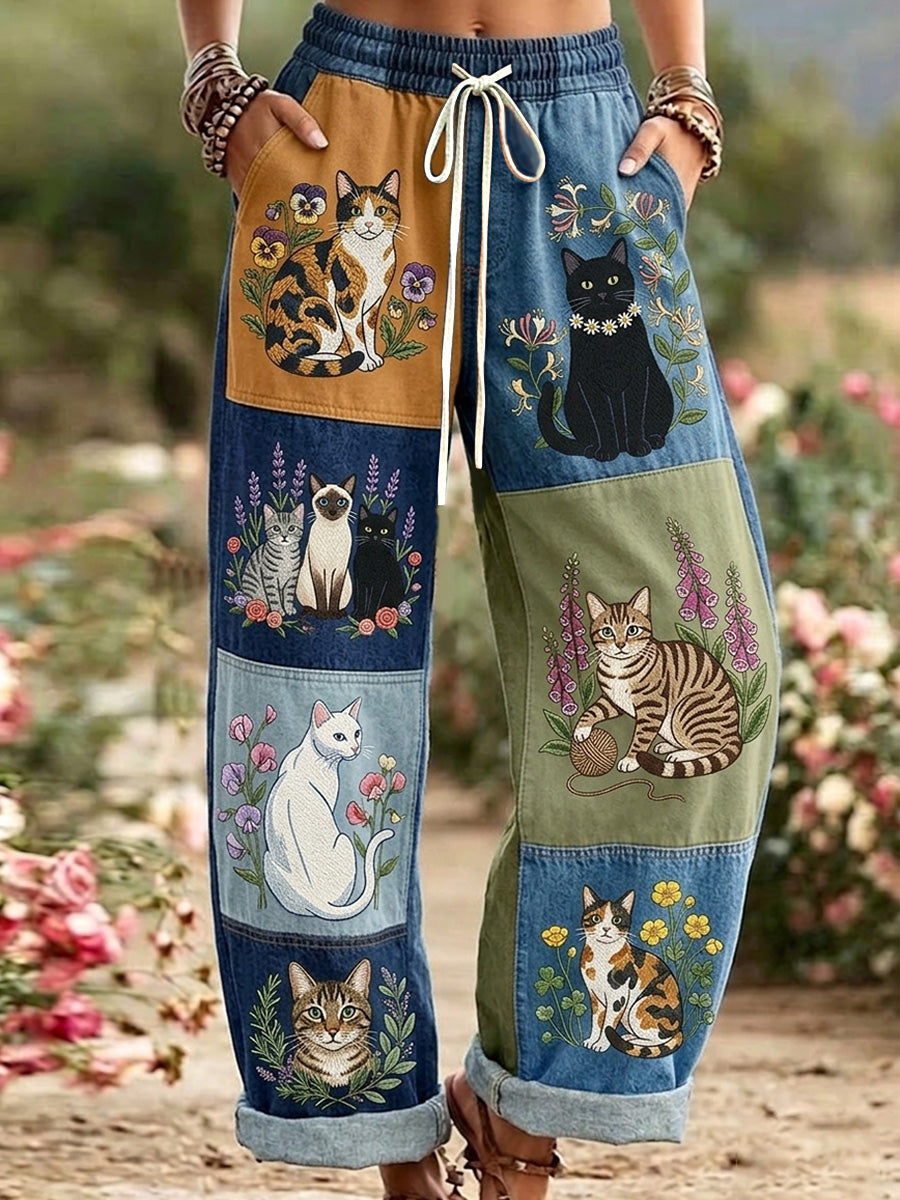 Kvinnors Retro Floral Cat Print Casual byxor