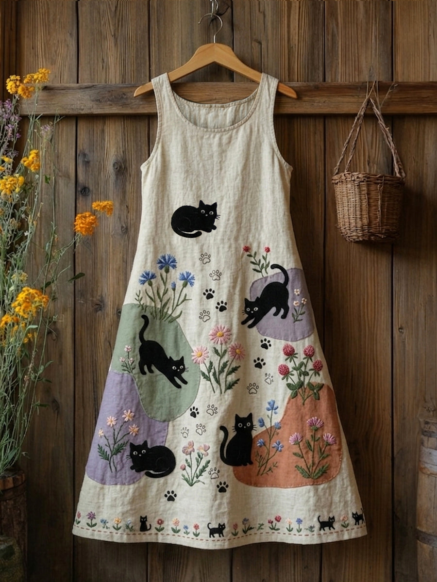 Kvinnors Retro Floral Cats Skriv ut Casual ärmlös Midi Klänning