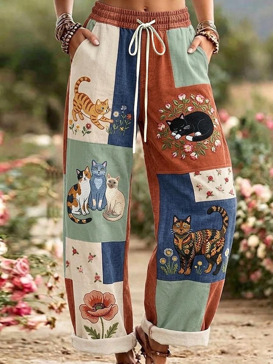 Damslabb retro blommig kattprint lediga byxor