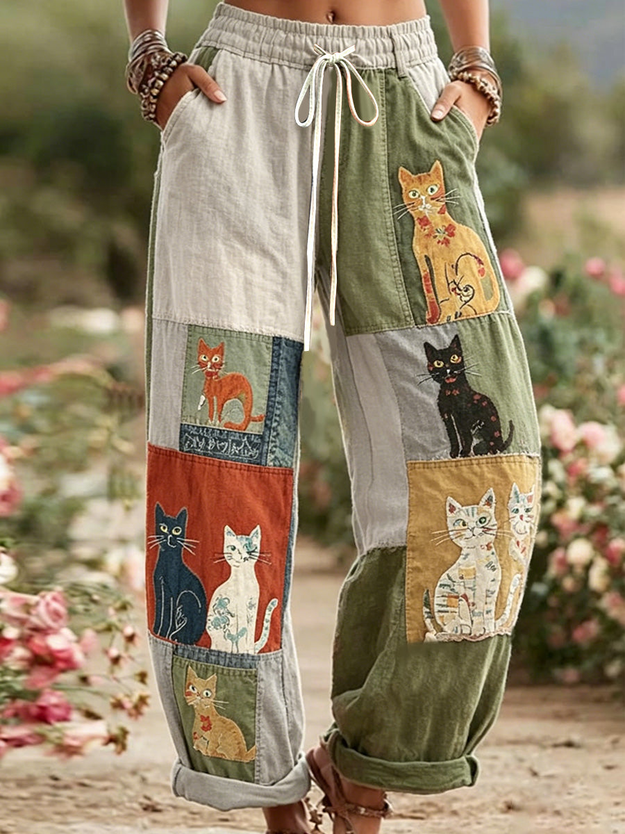 Kvinnors Retro katt Print Casual Byxor