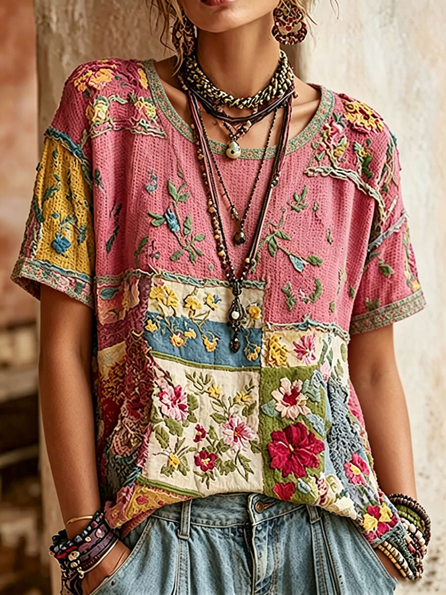 Kvinnors rosa blommar Print Casual T-shirt
